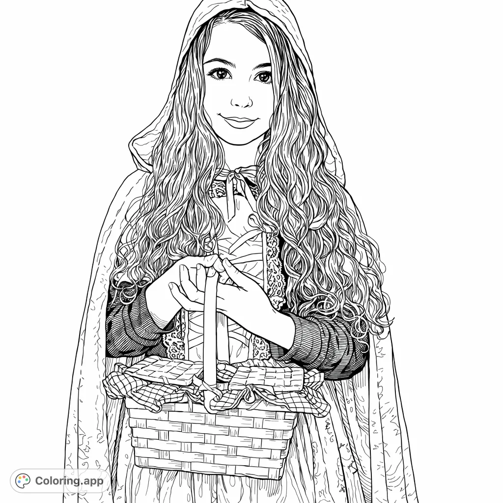 A charming Little Red Riding Hood stands with her woven basket, ready for an adventure. A classic fairy tale scene perfect for creative coloring.