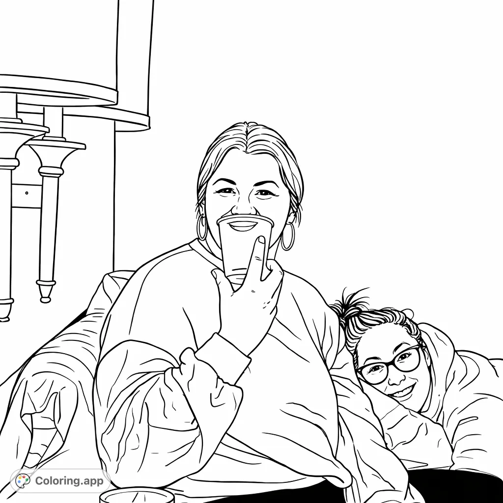 Capture a cheerful moment of two friends enjoying a morning, with one humorously sipping from a smiling cup. A heartwarming scene to color and share.