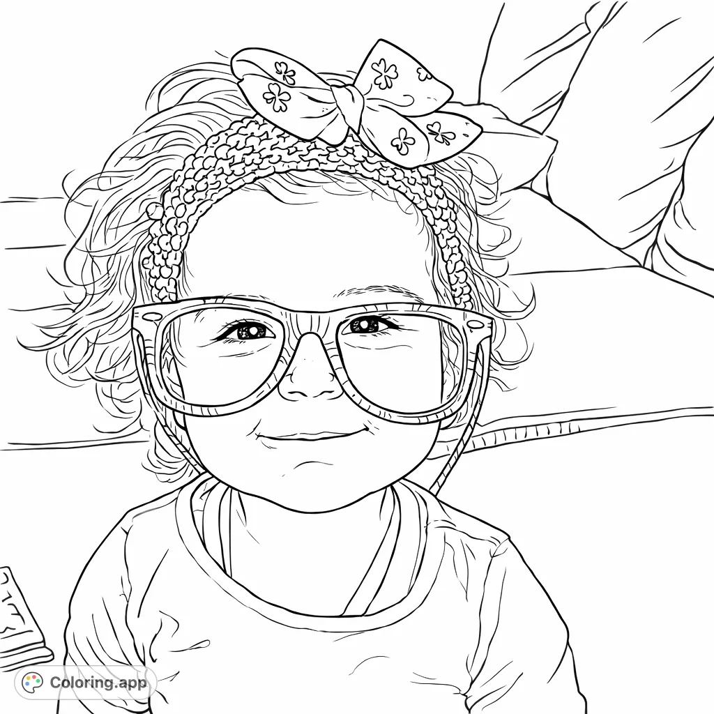 An adorable child in a textured headband and oversized, patterned glasses, offering a charming and fun coloring experience. Perfect for young artists.