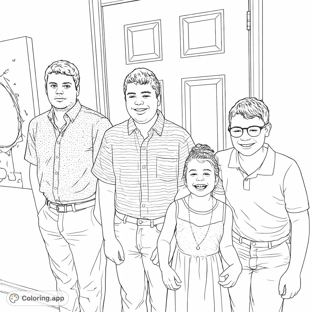 A heartwarming family portrait coloring page featuring four smiling individuals, three brothers and one sister, ready for your creative touch. Perfect for celebrating connections!