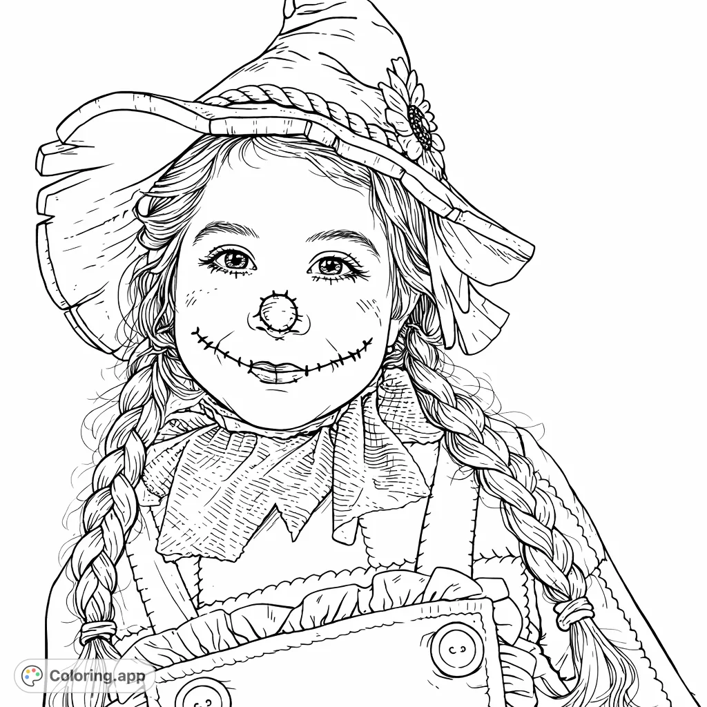 A delightful scarecrow child with a cheerful smile and intricate costume details, including a floppy hat, braids, and patchwork attire, ready for a fun coloring adventure.