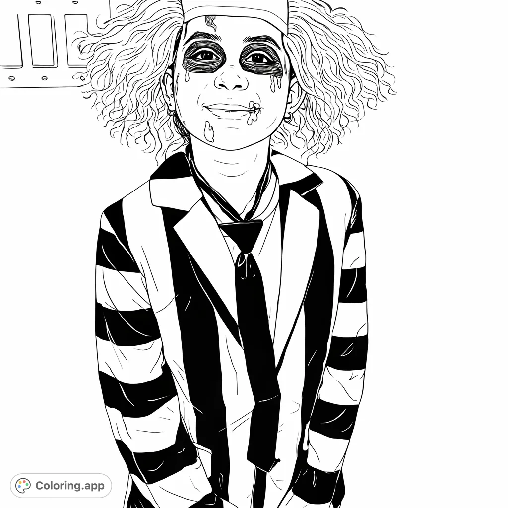 A whimsical striped character in a costume featuring a bold striped jacket, tie, and theatrical face makeup, ready for creative coloring fun.