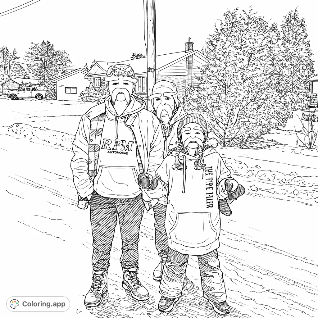 Three whimsical characters with unique mustaches and eyebrows stand in a snowy street scene with houses and trees. A fun, imaginative winter coloring page.