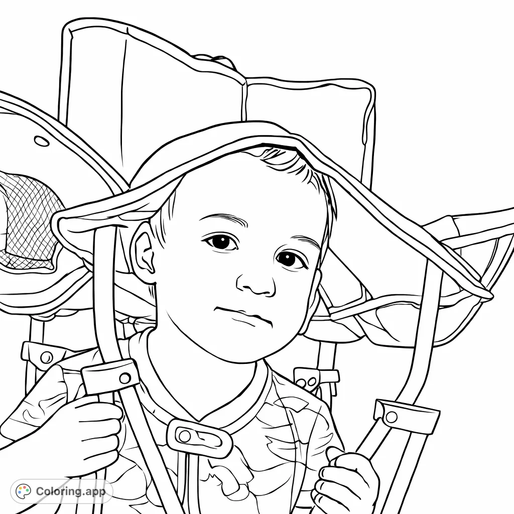 A delightful child wears a small camping chair as a whimsical hat, creating a playful and imaginative scene. Perfect for a funny moment coloring page.
