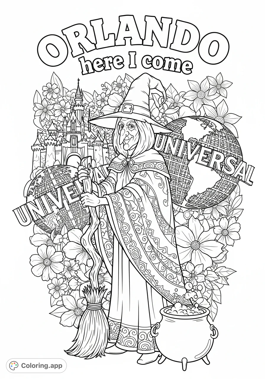 An intricate Orlando coloring page featuring a witch, iconic theme park logos, and floral designs. A challenging, free printable coloring page for adults.