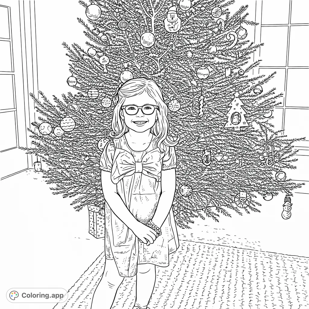 A joyful girl stands before a magnificently adorned holiday tree, offering a delightful scene for a festive coloring experience for all ages.