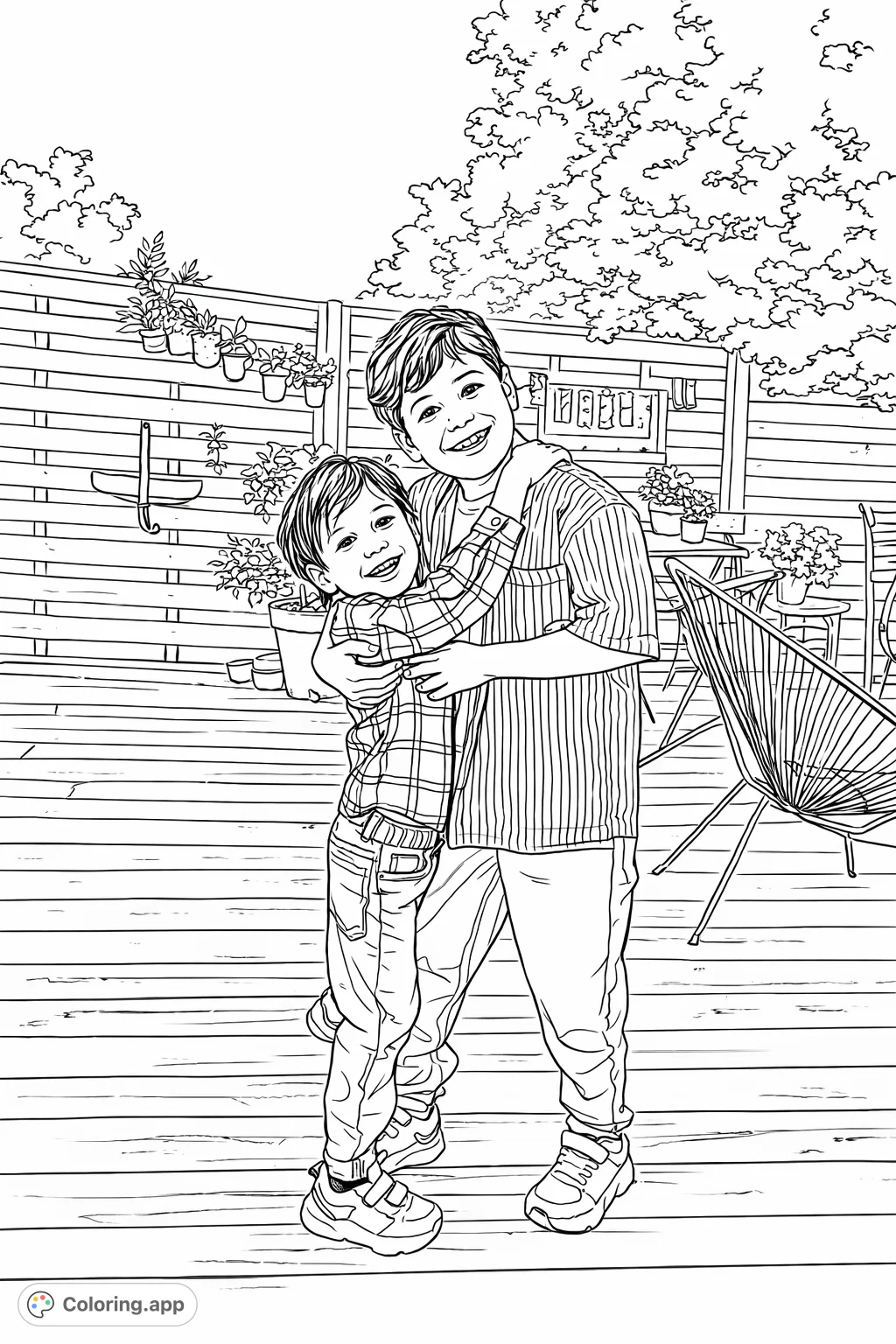 A heartwarming scene of two brothers sharing a joyful embrace on a wooden deck, surrounded by backyard greenery and a rustic fence. Perfect for expressing family bonds.
