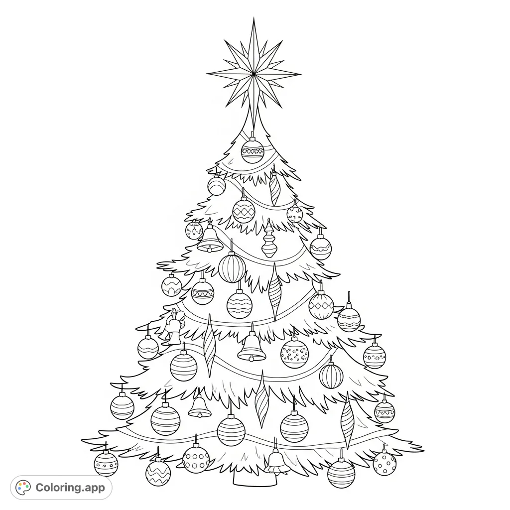 A beautifully adorned Christmas tree, topped with a prominent star and sparkling with various ornaments. Perfect for festive coloring.