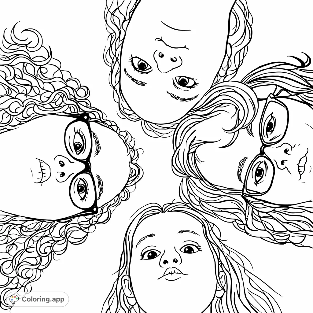 Explore a unique perspective with this curious faces coloring page. Four individuals look down at you, perfect for creative expression.