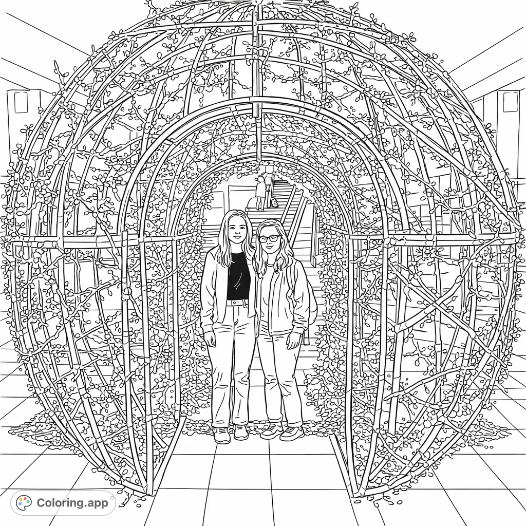 Color two friends beneath a magnificent, light-covered archway in a grand indoor setting. Perfect for intricate detail and expressive coloring.