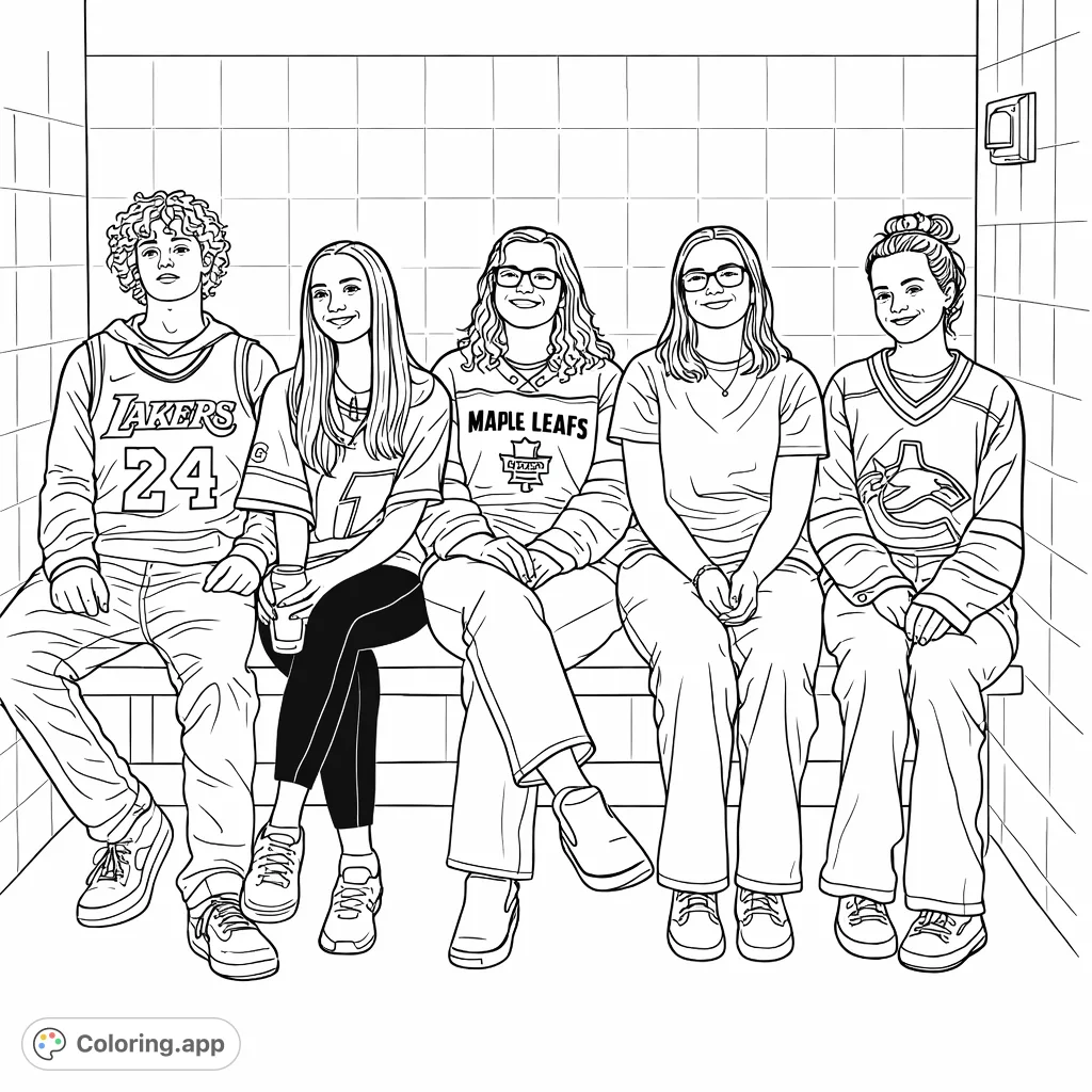 A lively scene depicting a group of five friends seated together, showcasing various styles and cheerful expressions, perfect for personalizing and coloring.