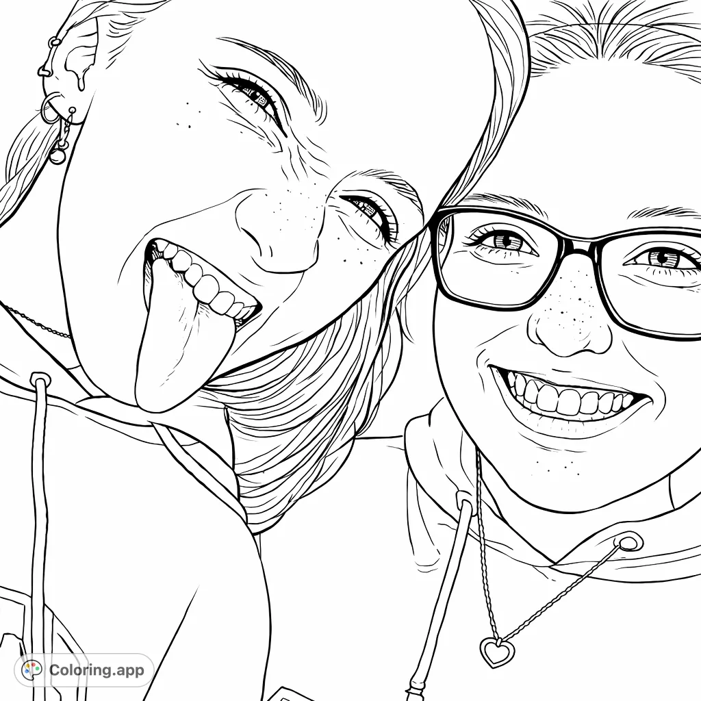 Capture a joyful moment with this playful friends selfie coloring page, featuring two expressive individuals, one making a silly face, perfect for creative fun.