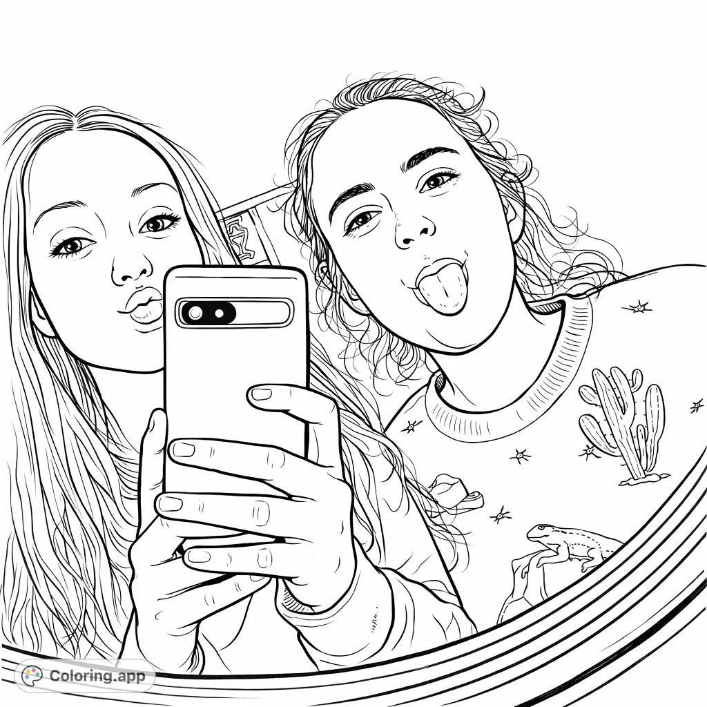 Capture a fun mirror selfie with two friends, one with puckered lips, the other sticking out her tongue. Features western-themed apparel and a phone.