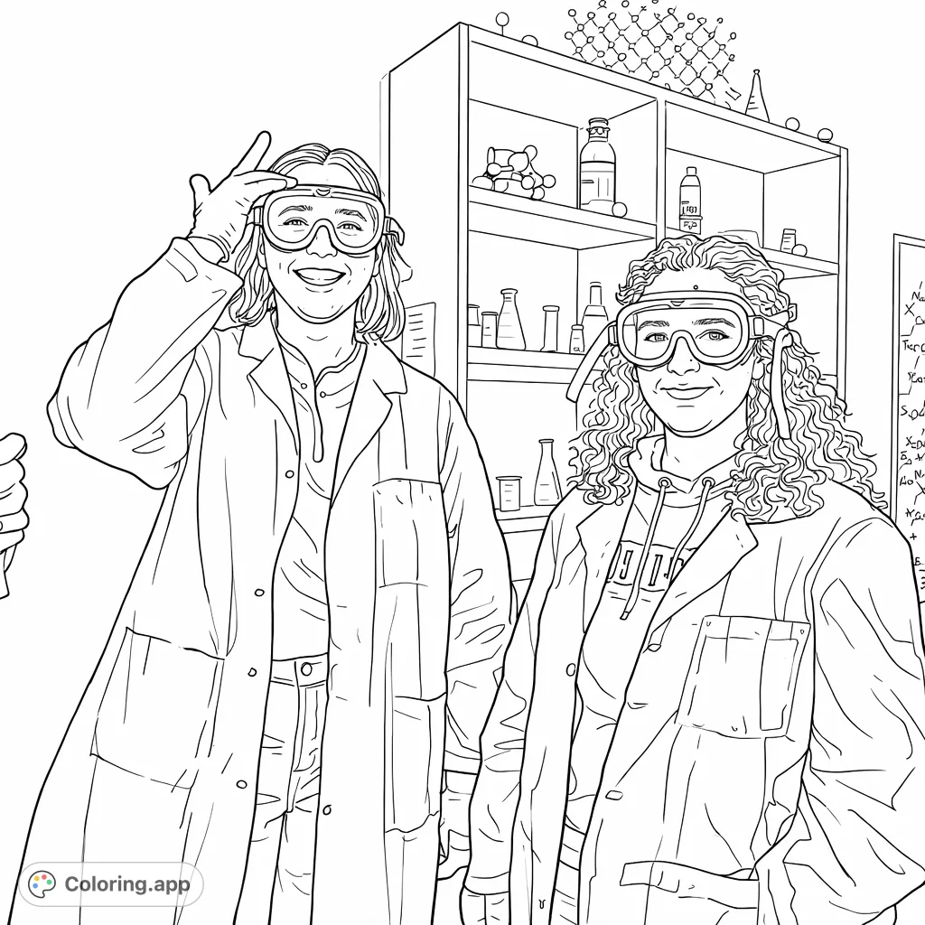 Explore the exciting world of science! This lab coloring page features two cheerful young scientists in safety gear, surrounded by lab equipment, ready for discovery.