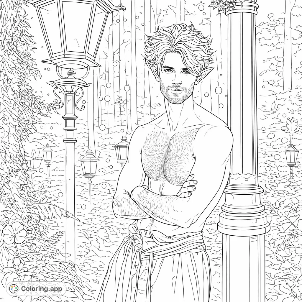 A striking male elf figure with pointed ears and flowing hair leans against a lamp post in a magical forest. Intricate details invite creative expression.