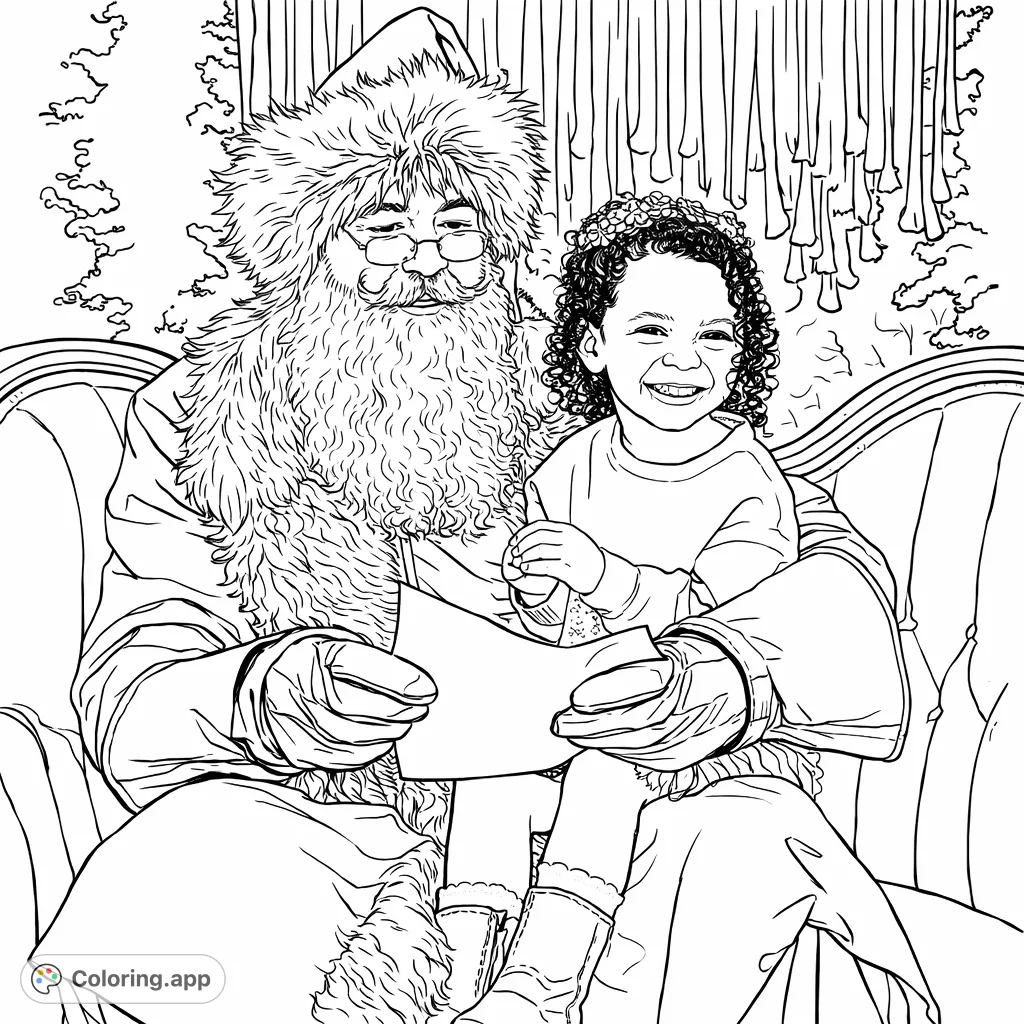 A heartwarming Santa Claus coloring page featuring a jolly Santa with a smiling child on his lap, holding a wish list. Perfect for festive joy and holiday spirit.