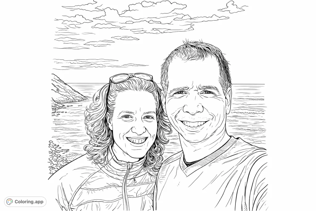 Capture the joy of a smiling couple against a scenic coastal backdrop with rolling waves and a verdant hillside. A perfect printable coloring page for all ages.
