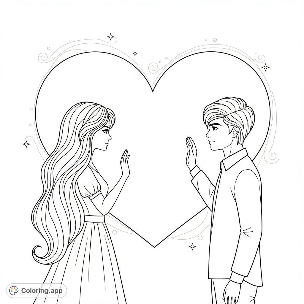 A heartwarming scene featuring a boy and a girl on either side of a prominent heart, ready for personal artistic expression. Perfect for friendship or love.