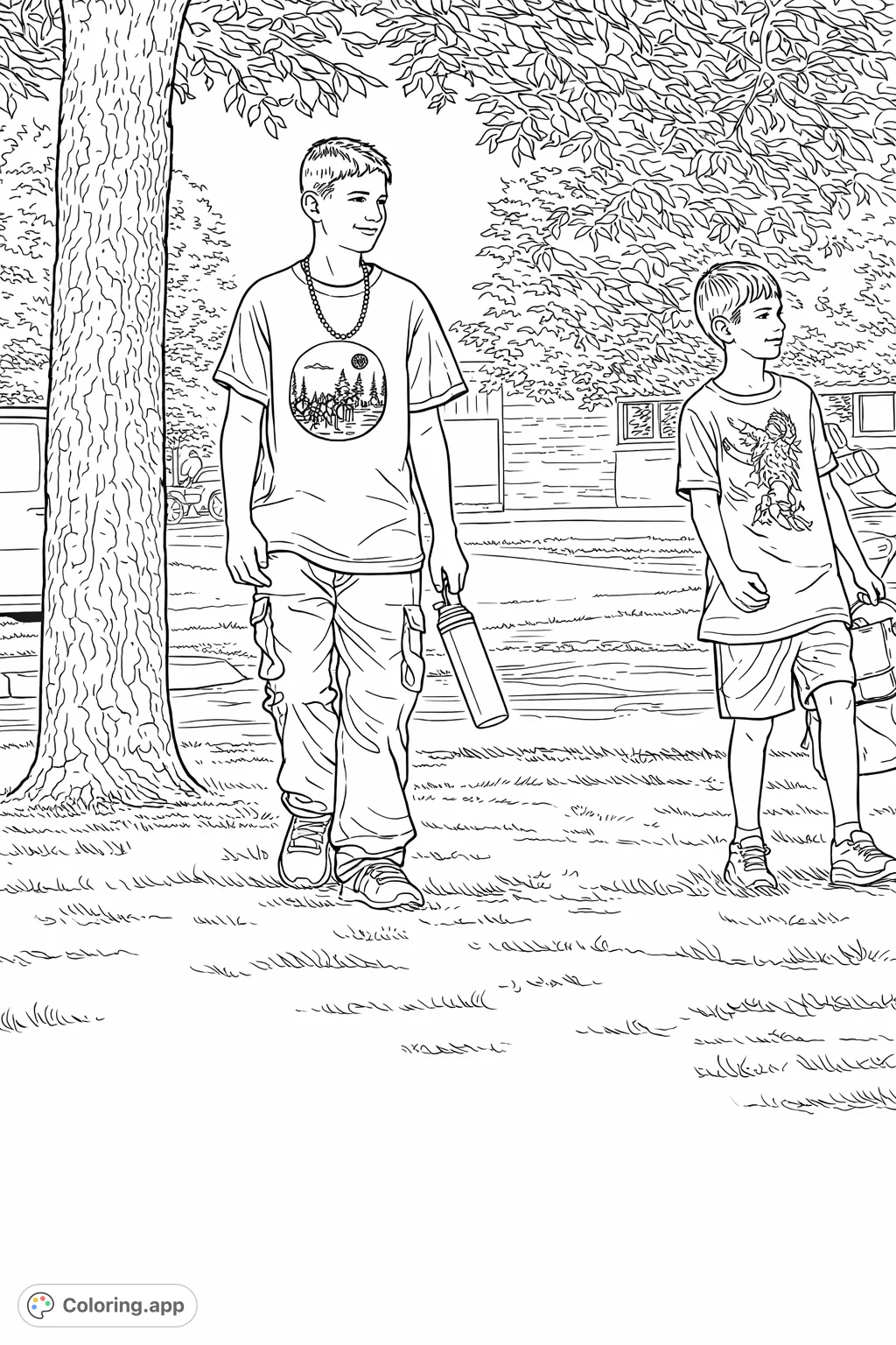 A friendly coloring page featuring two boys in a sunny outdoor setting with a large tree and distant buildings. Perfect for young colorists to enjoy.