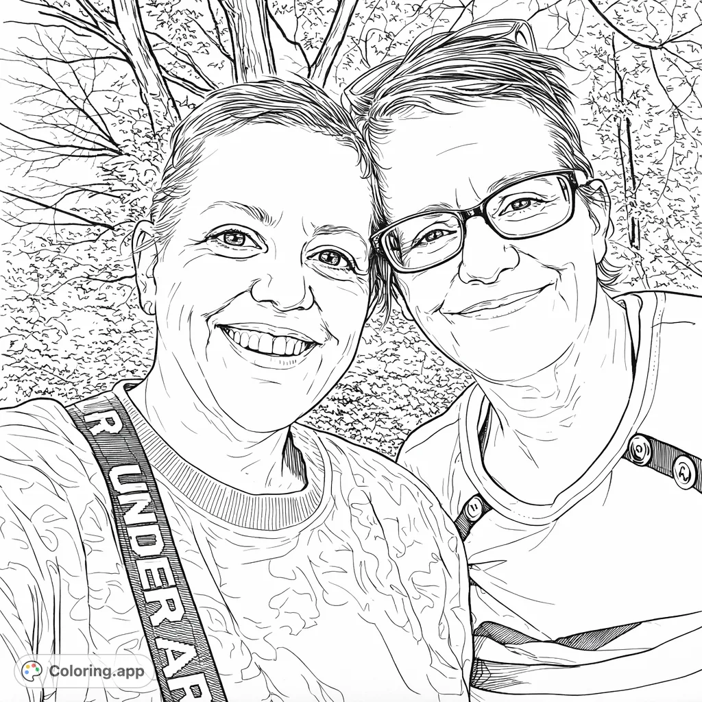 A heartwarming coloring page featuring two smiling individuals in a friendly embrace outdoors, surrounded by trees and detailed clothing patterns.