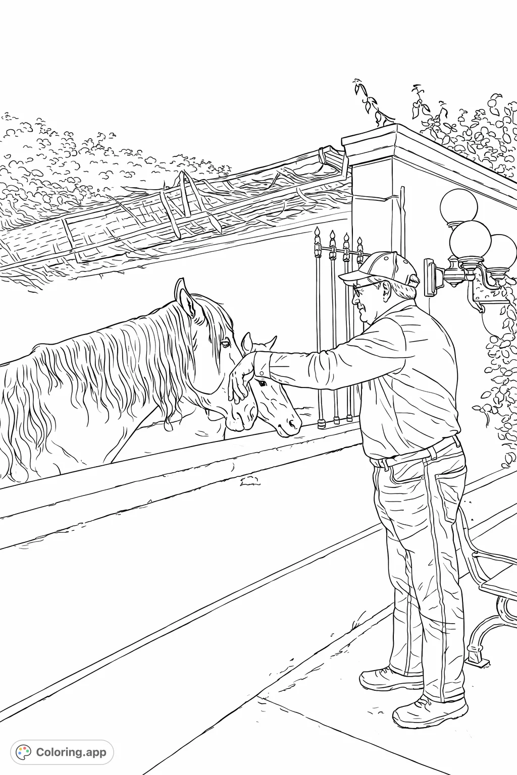 Experience a heartwarming moment between a man and two horses. This peaceful scene captures a gentle interaction, perfect for animal lovers.