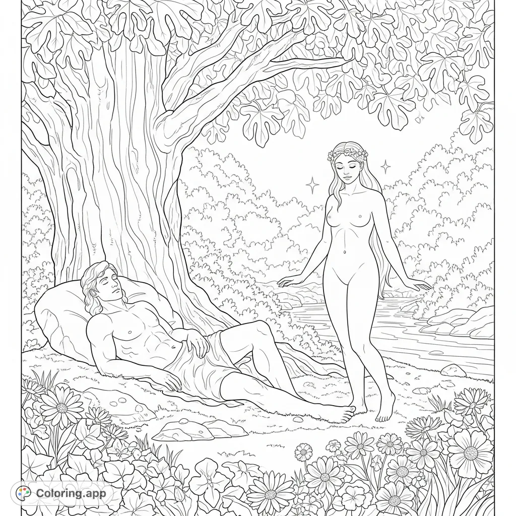 A serene depiction of Adam resting peacefully on moss under a fig tree, while Eve stands gracefully amidst exotic flowers and a winding stream in a lush garden.
