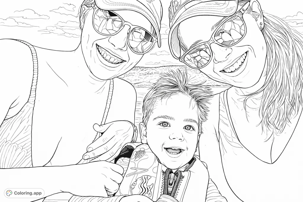 A heartwarming family portrait on the water, featuring two joyful adults and a smiling child in a life vest, set against a scenic backdrop of distant hills.