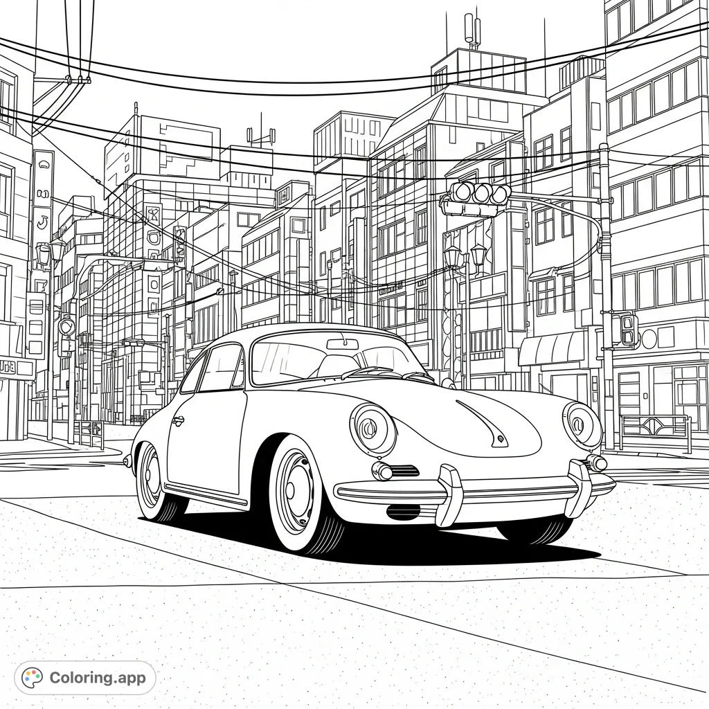 An iconic 1964 Porsche 356, subtly lowered, is captured from a front 3/4 view on a vibrant downtown Tokyo street. Features classic lines and urban architectural details.