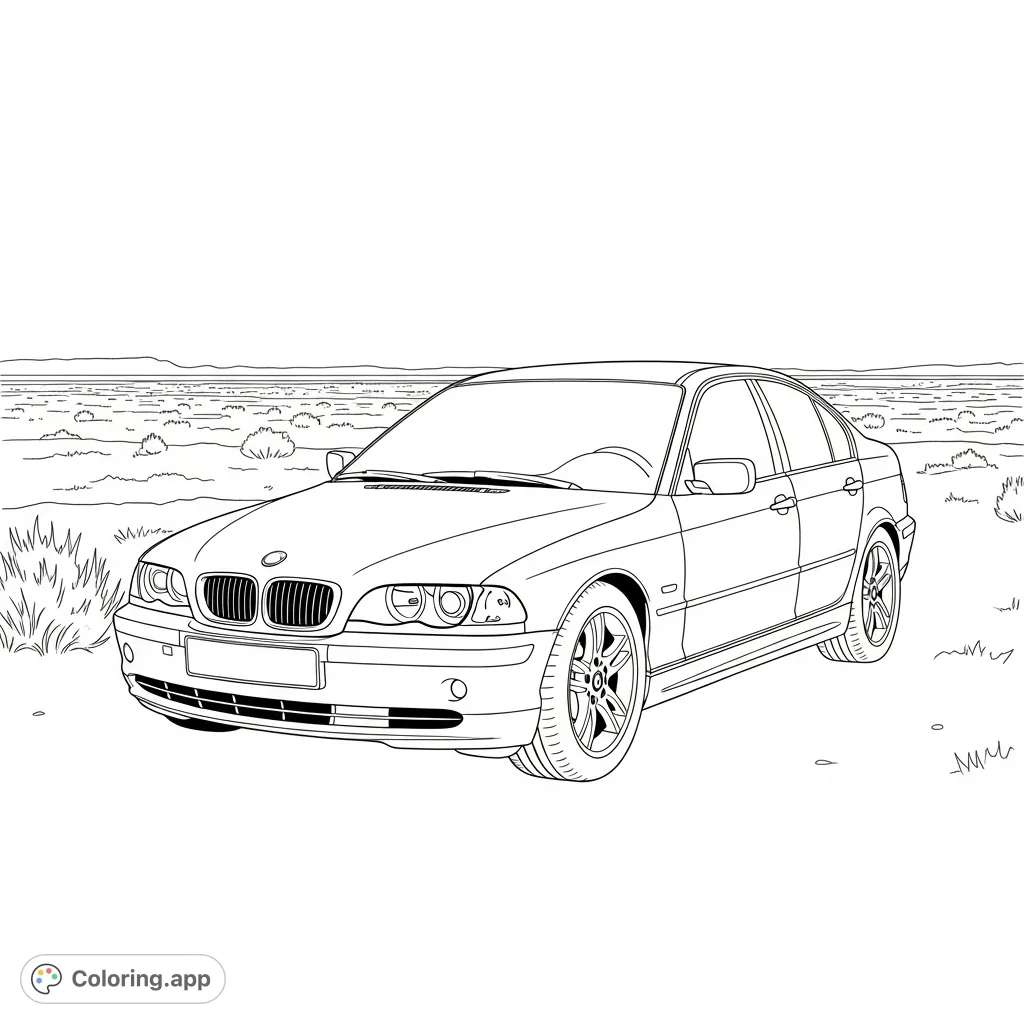 Capture the iconic late 2000s BMW E46 parked in a desolate, open landscape. Perfect for car enthusiasts to detail every line and curve of this classic sedan.