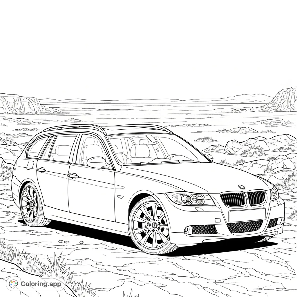 A detailed BMW E91 wagon parked in a desolate landscape, viewed from the front quarter, tires angled out, ready for an adventure.