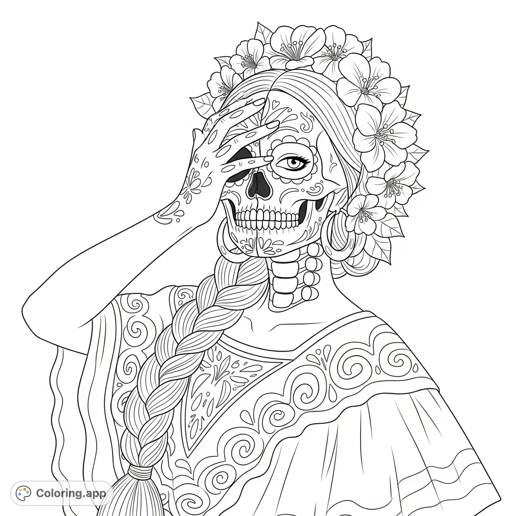 A captivating Mexican folk dancer portrait featuring a skull head, a hand forming a face illusion, and an intricately patterned dress with abundant flowers.