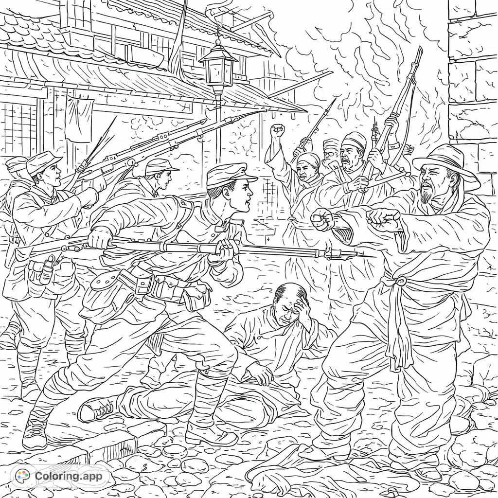 Capture a dramatic historic street battle scene with uniformed soldiers clashing against local defenders amidst buildings and debris. Intense action for adult colorists.