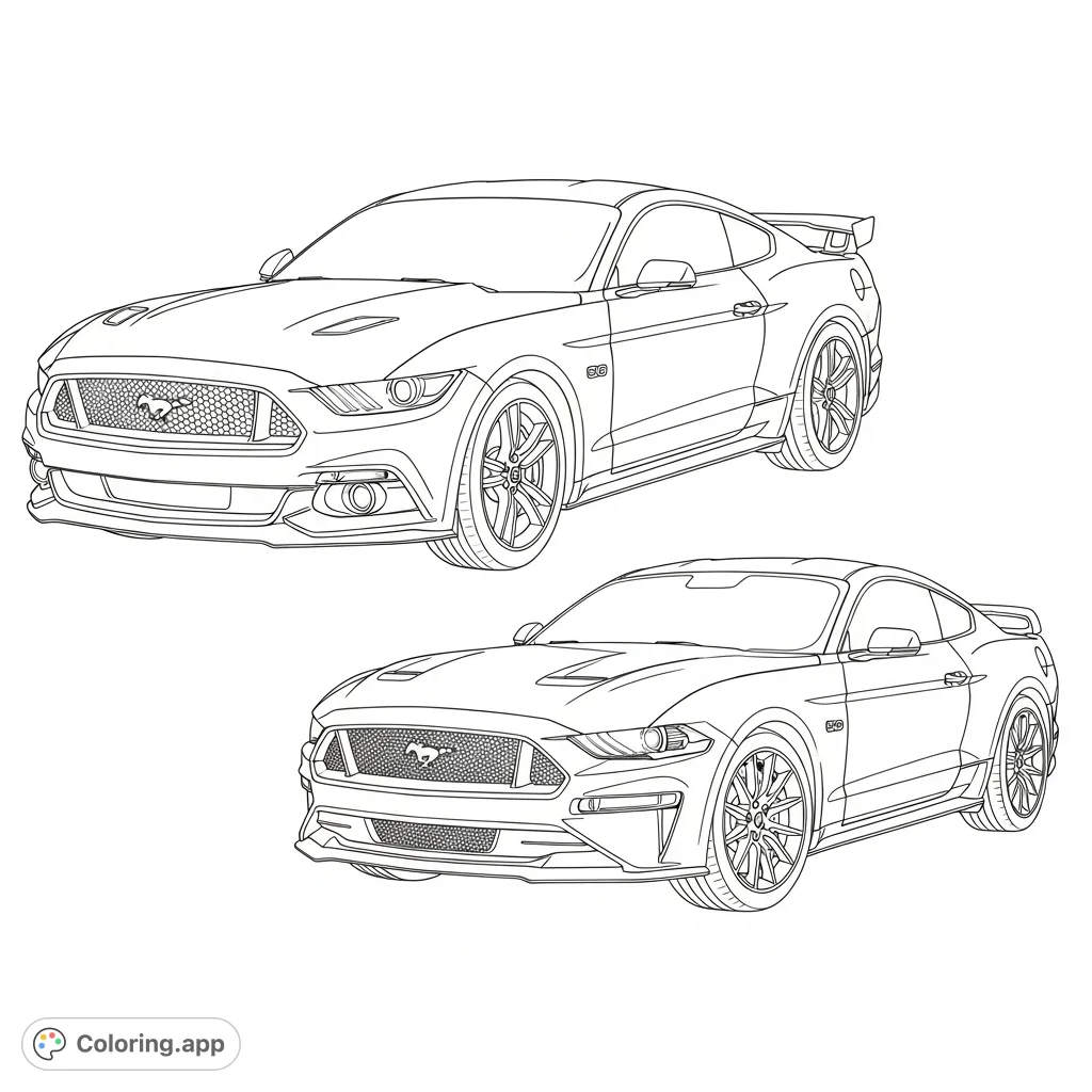 Experience the thrilling evolution of American muscle with two iconic Mustang GT models, the 2018 S550 and 2025 S650, presented side-by-side for a dynamic coloring challenge.