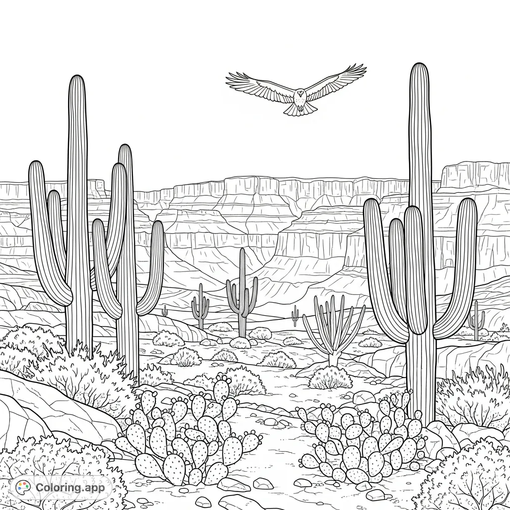 Explore a vast desert landscape coloring page featuring towering cacti, rugged shrubs, a grand canyon backdrop, and a soaring hawk. A free printable coloring page for all ages.