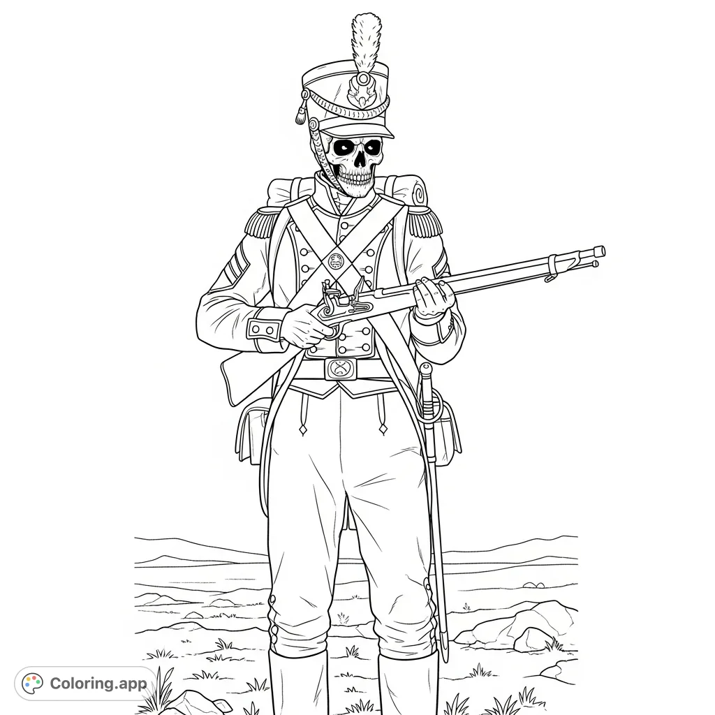 A detailed War of 1812 US Marine, depicted with a skull face, aiming his rifle. A unique historical and macabre blend for an engaging coloring experience.