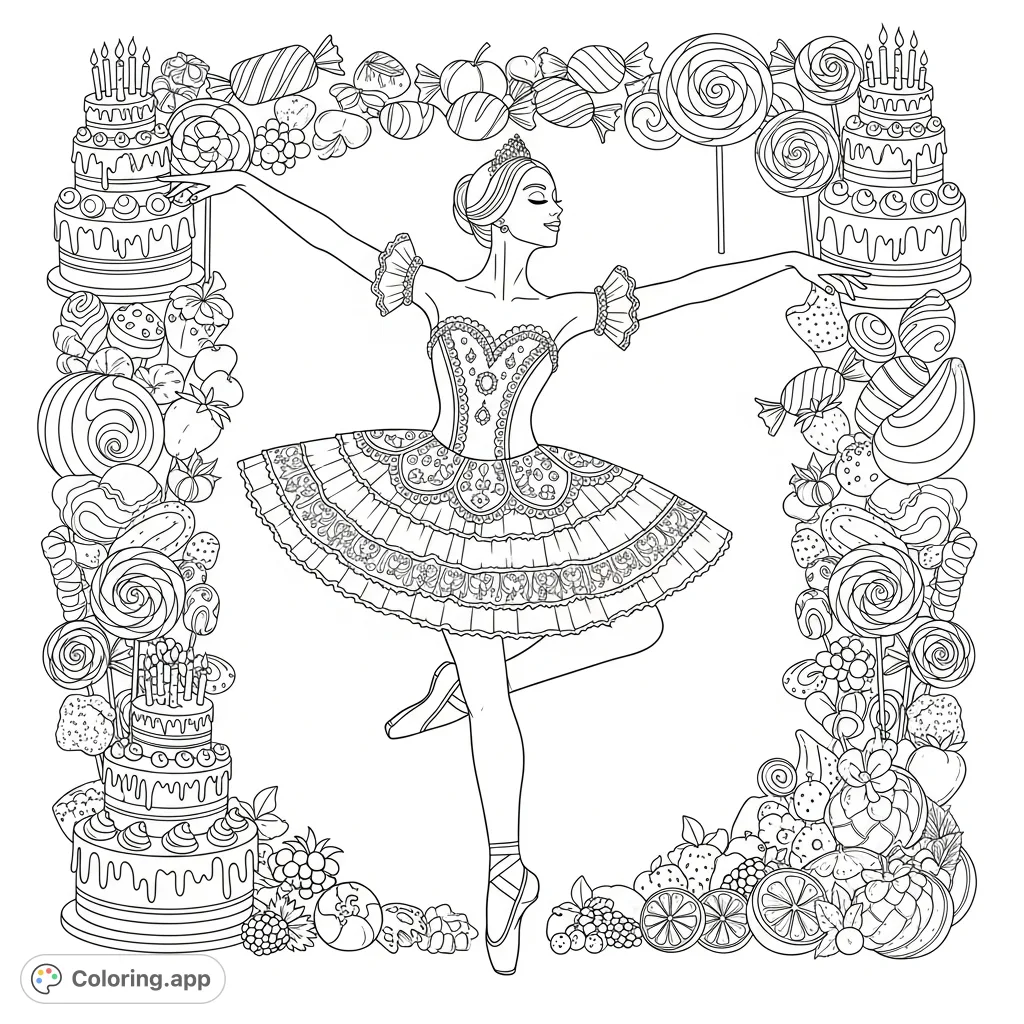 An elegant ballerina in an intricate tutu surrounded by a delightful border of cakes, candies, and fruits. A sweet and graceful coloring page.