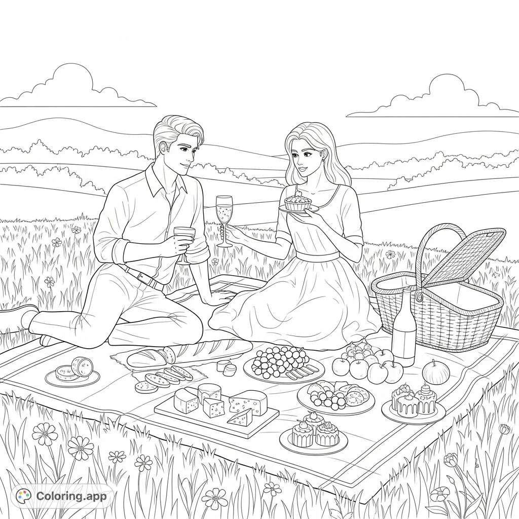 An elegant picnic scene featuring a man and woman surrounded by delicious foods, drinks, and a beautiful natural landscape, perfect for a relaxing escape.