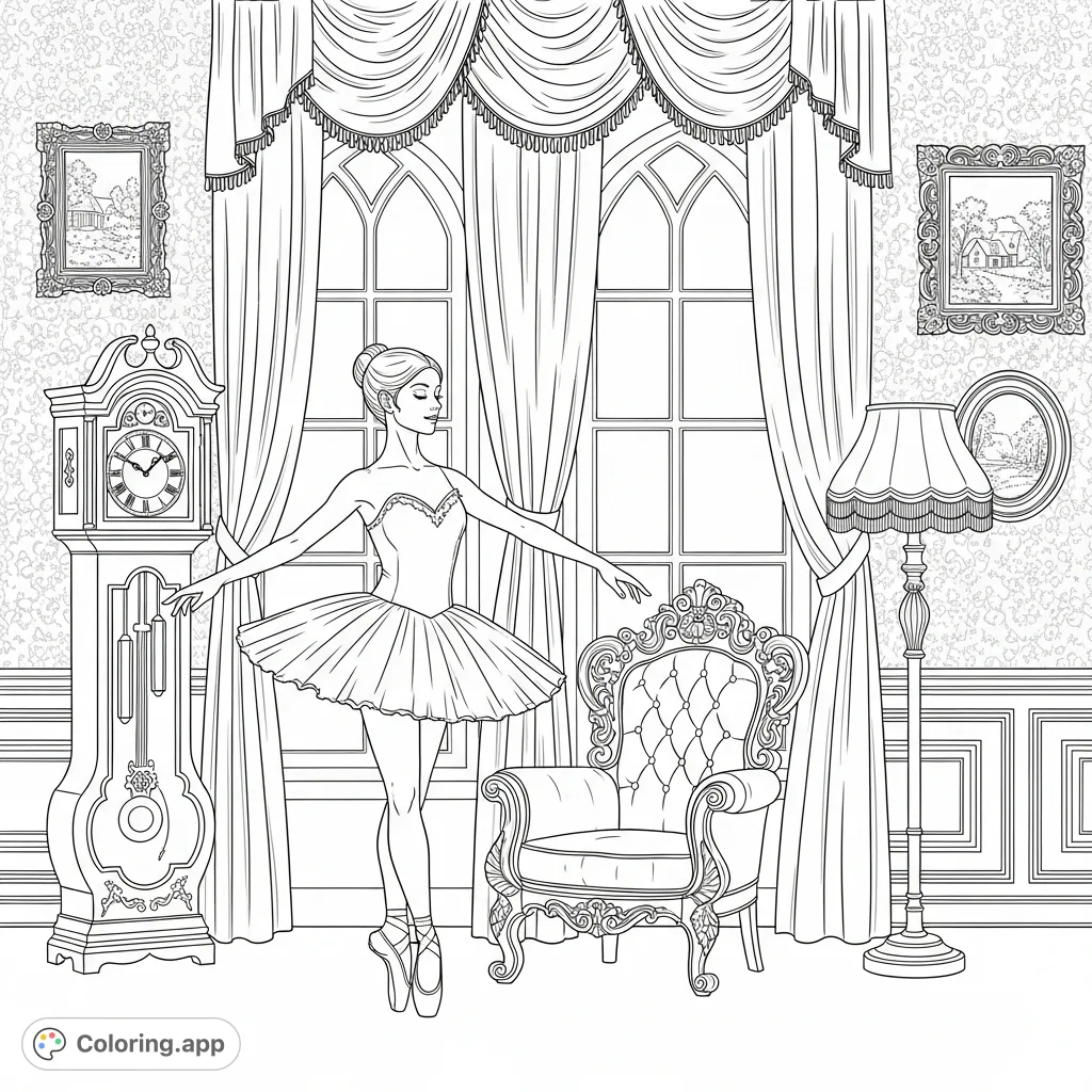 Step into a timeless world with this elegant ballerina poised in a richly detailed Victorian room. Features ornate furniture, a grand clock, and draped windows.