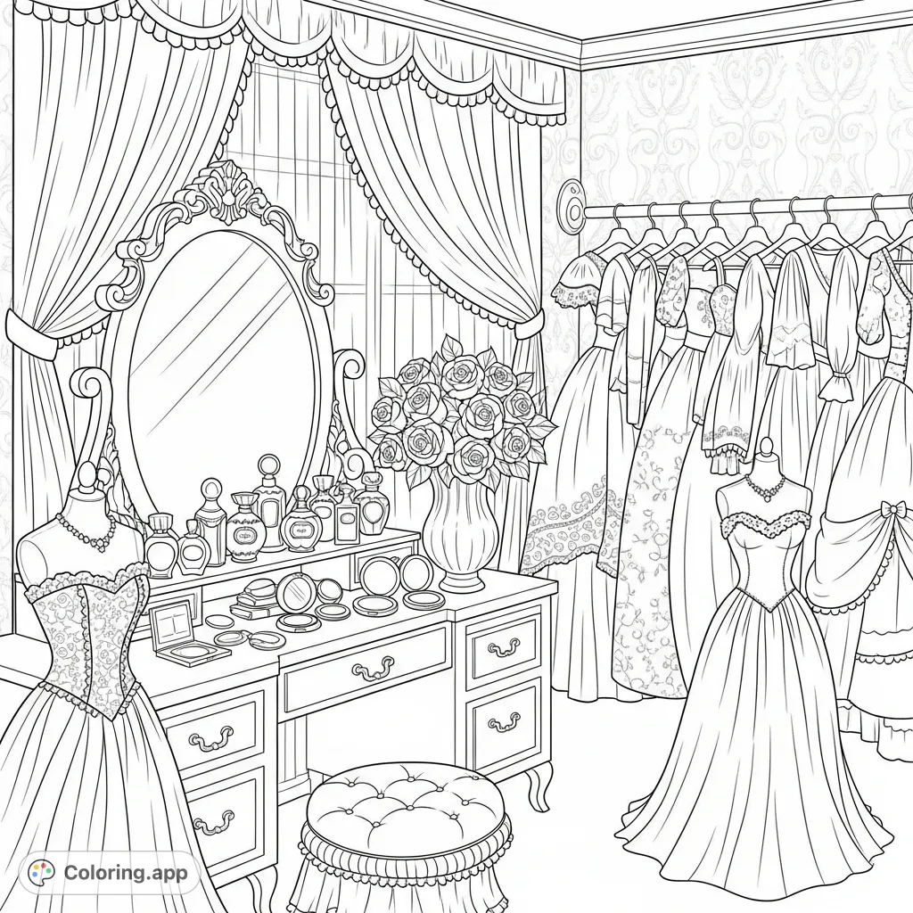 Explore a lavish adult princess bedroom with a detailed vanity, elegant gowns, and delicate roses, offering a sophisticated coloring experience.