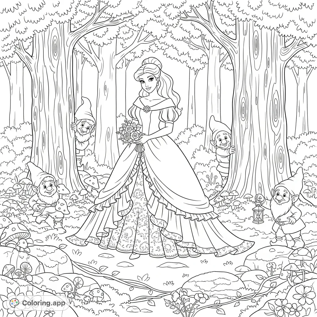 A beautiful princess in a fluffy gown amidst an enchanted forest, surrounded by playful gnomes and abundant nature. A magical fairy tale scene.