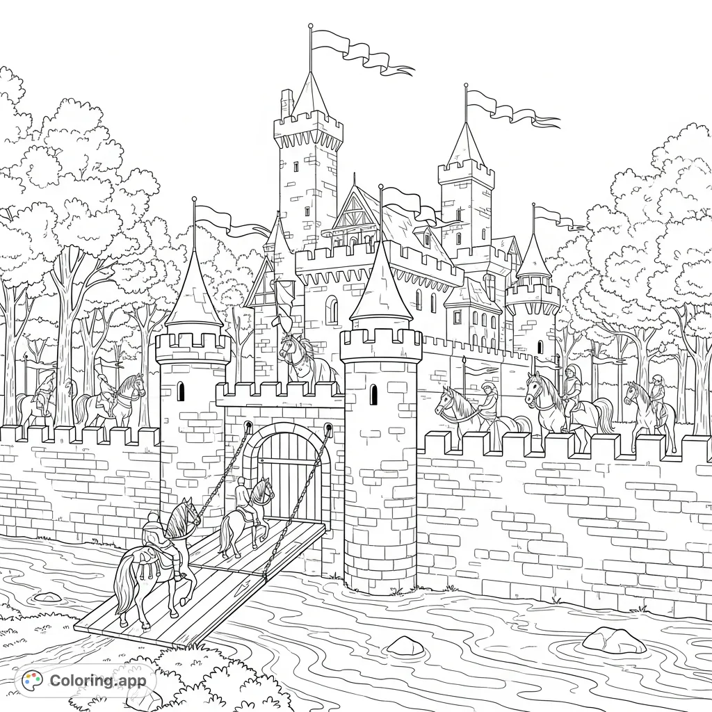 Prepare for adventure! Color a majestic medieval castle, complete with a moat, horses, and a dense forest, ready for an epic encounter.
