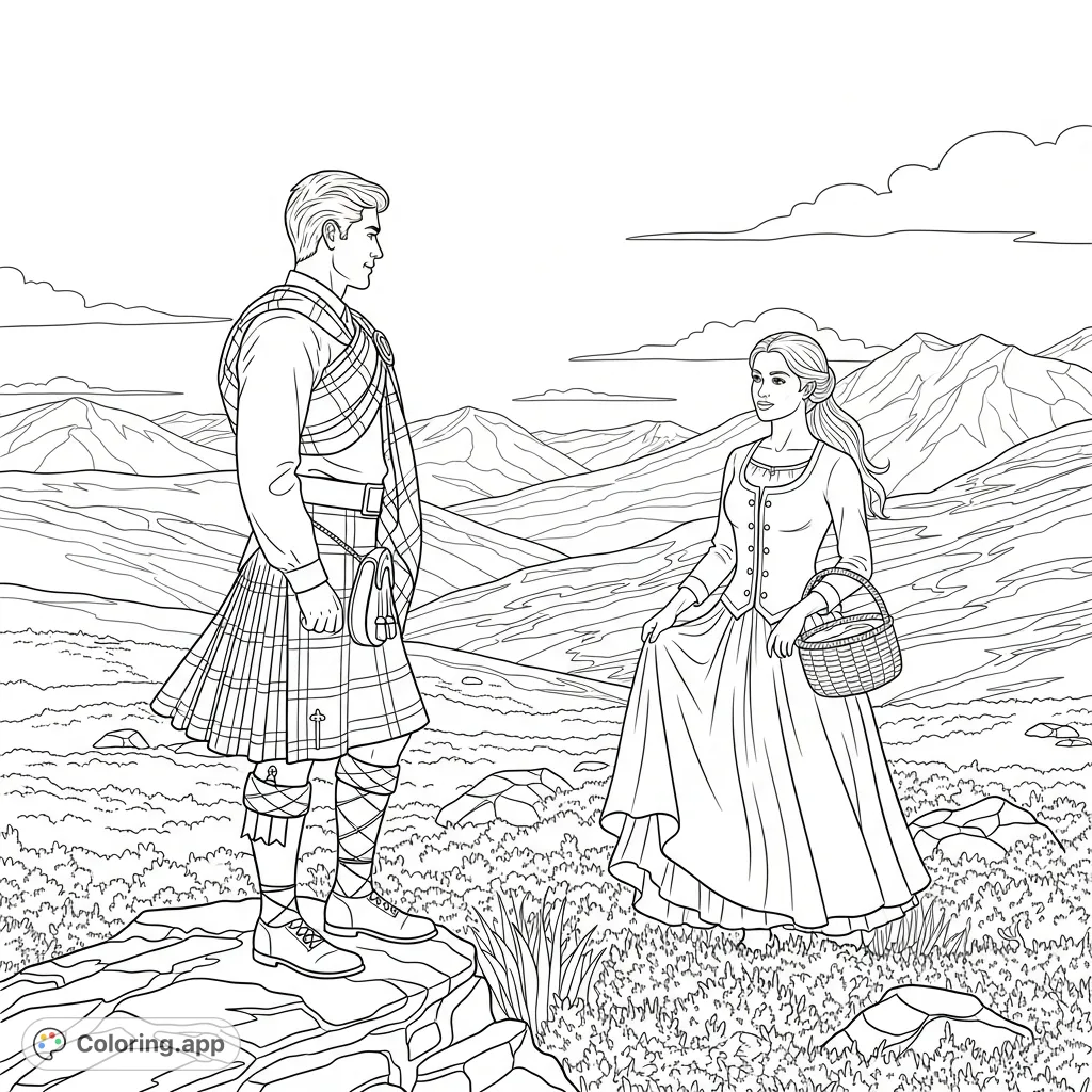 Capture a poignant Scottish Highlands scene: a man in a kilt gazes at a woman in traditional dress amidst rugged hills and heather.