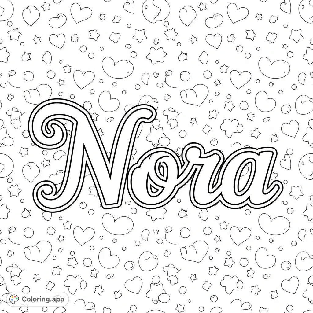 A delightful Nora coloring page featuring the name in elegant script amidst a background of charming, easy-to-color whimsical patterns. Perfect for personalization.
