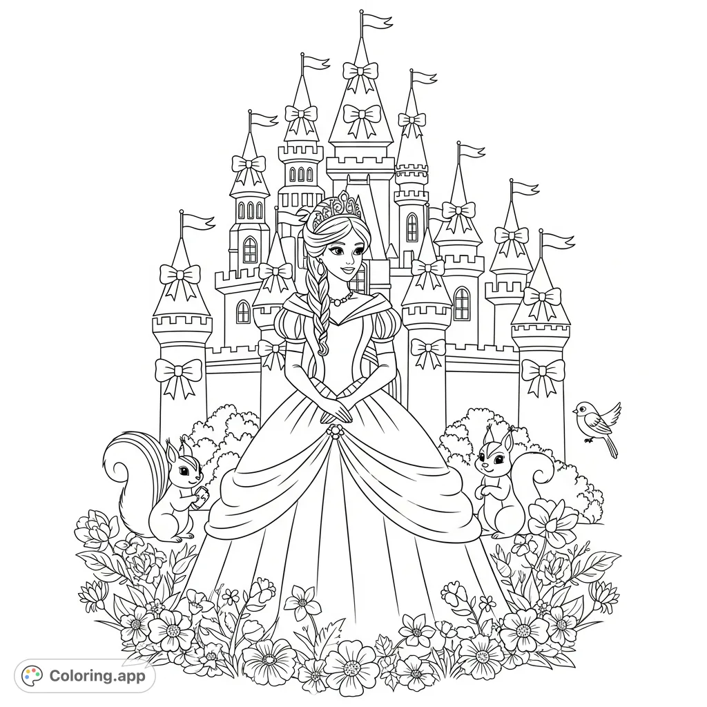 A delightful princess in a detailed gown stands before a whimsical castle adorned with bows, surrounded by cute animals and blooming flowers, perfect for creative coloring.