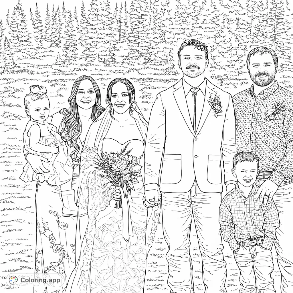 Celebrate a joyous wedding day with this charming family portrait coloring page. Features a bride, groom, and their family in a scenic outdoor setting, perfect for all ages.