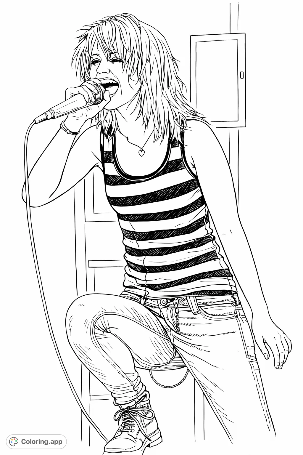 Capture the raw energy of a live concert with this dynamic singer coloring page. Perfect for music lovers to bring a performance scene to vibrant life.