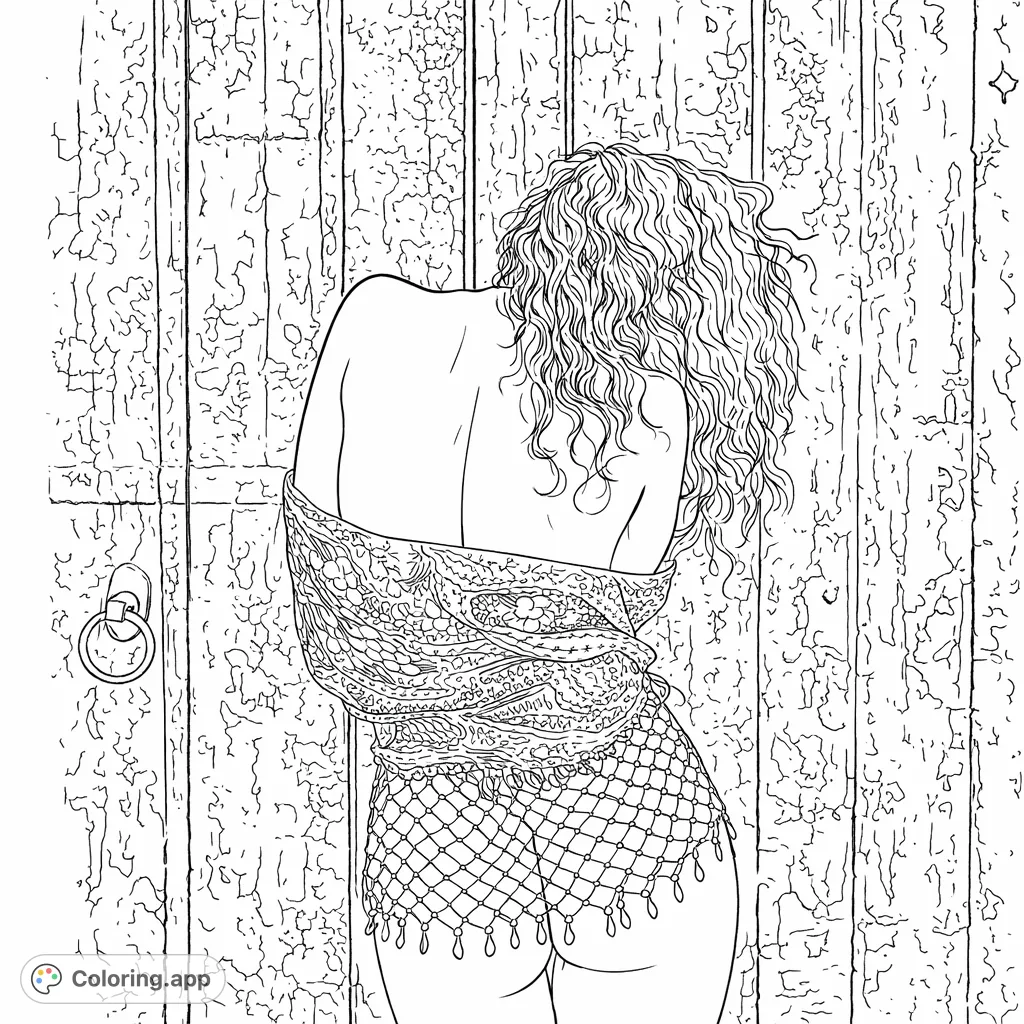 An artistic coloring page featuring a graceful figure with flowing hair, draped in a delicate crocheted garment against a rustic, textured wooden wall.