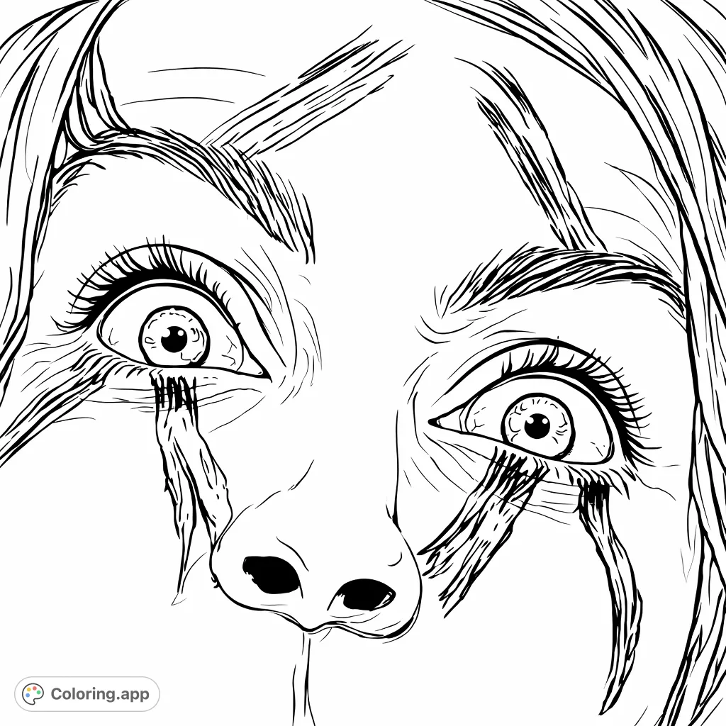 An intense close-up of a human face with striking, expressive eyes and bold, dramatic face markings, offering a compelling design for advanced colorists.