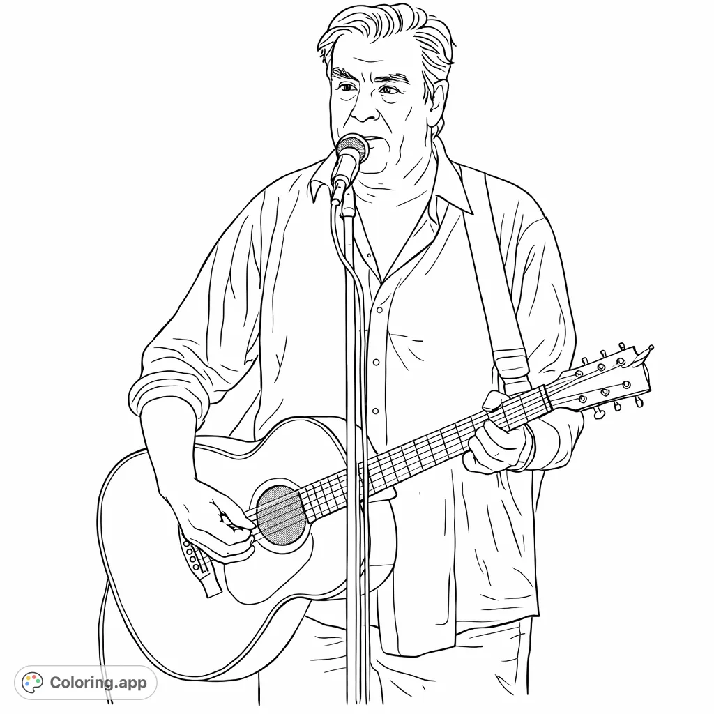 Immerse yourself in music with this musician coloring page. A performer plays an acoustic guitar into a microphone, ready for your creative touch.