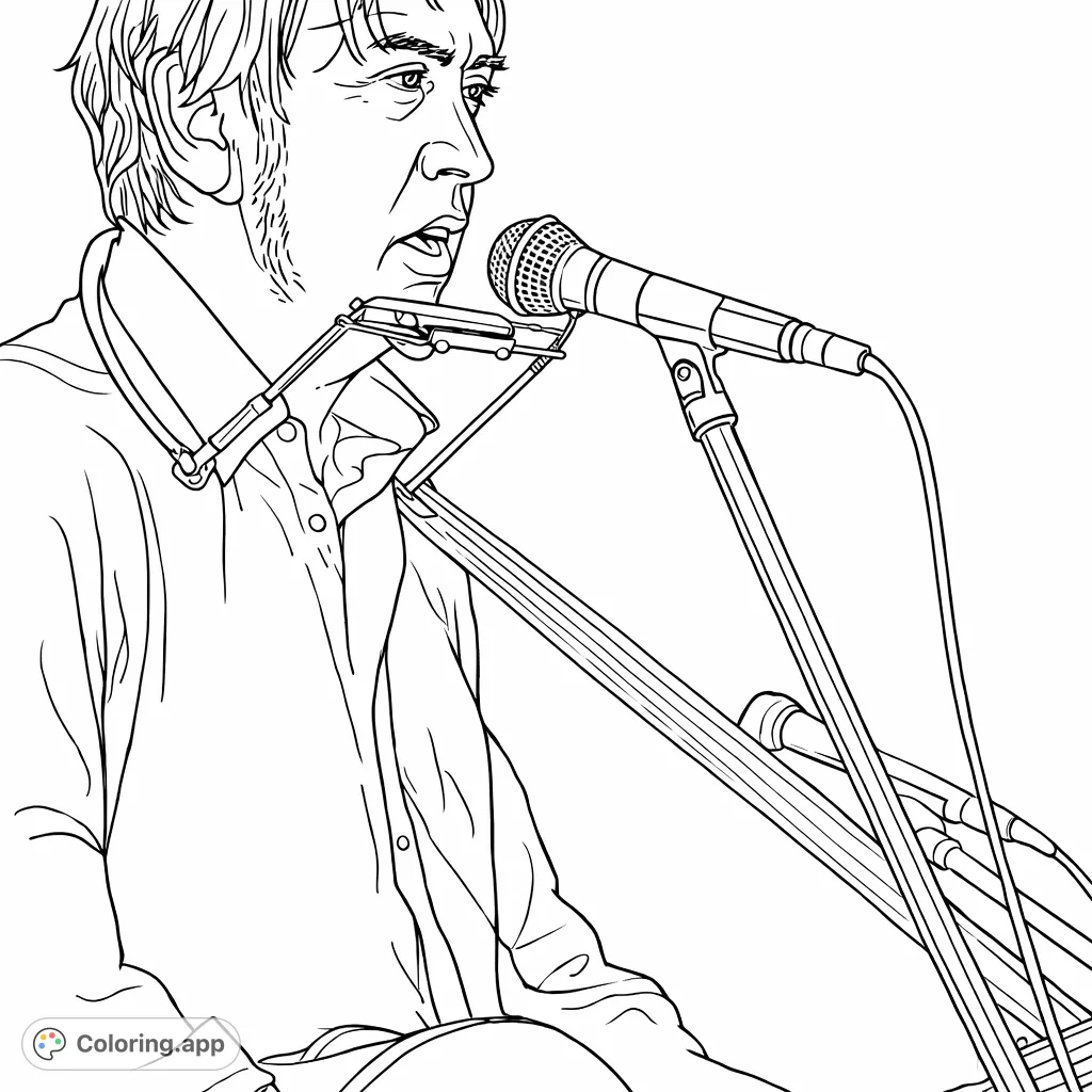 Capture the energy of a musician playing harmonica and singing, with microphone and guitar strap details. A dynamic scene perfect for music lovers.